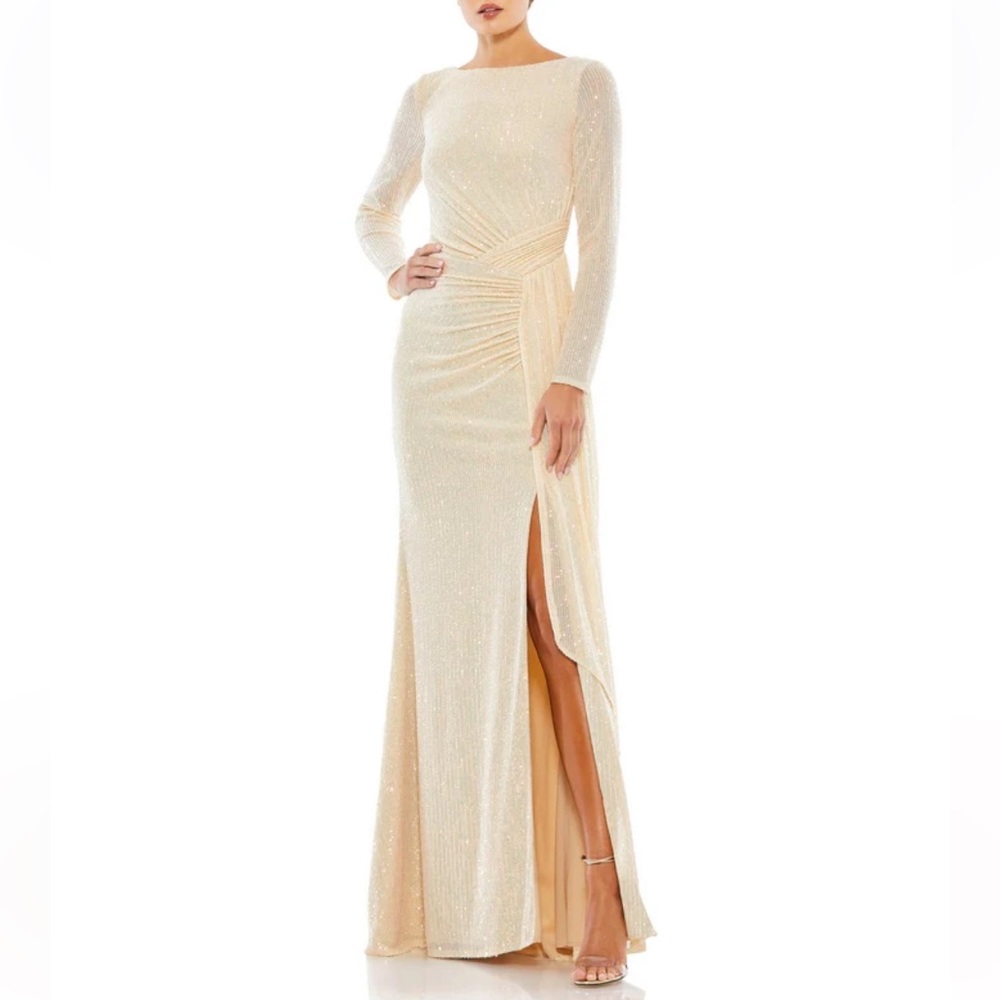 Mac Duggal Women's Ieena Sequined Ruched Long Sleeve Boat Neck Gown